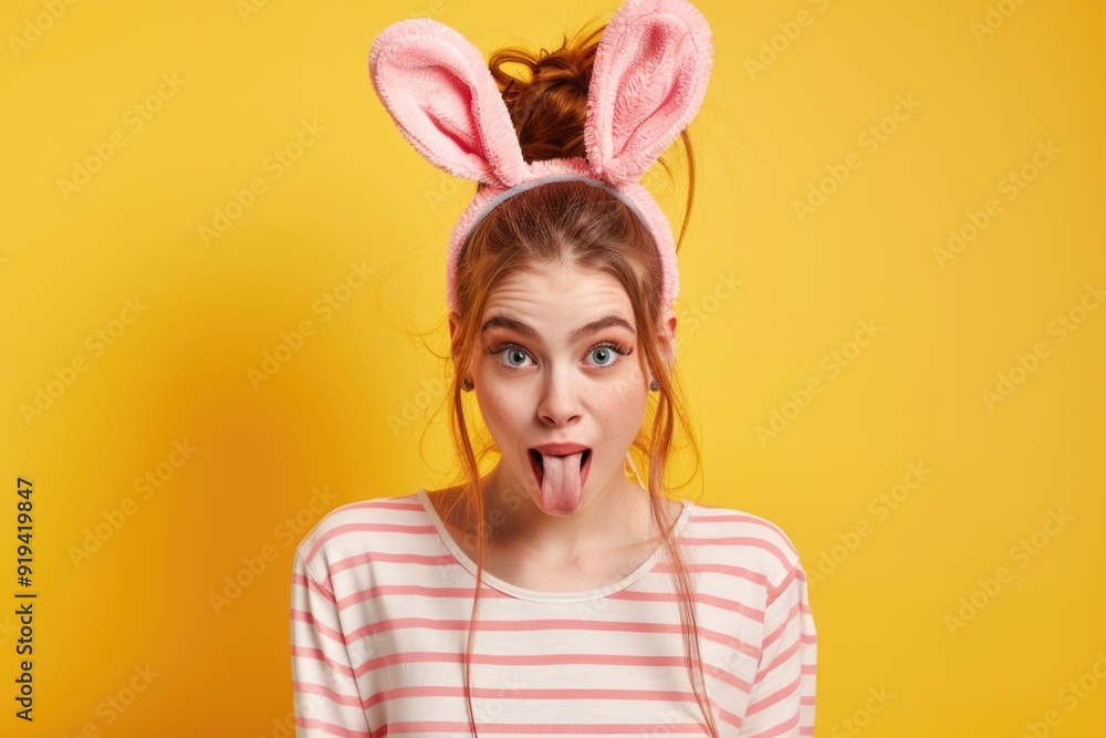 Young woman wearing bunny ears with pink and white striped shirt, looking surprised or silly. Young woman wearing bunny ears with pink and white striped shirt, looking surprised or silly.