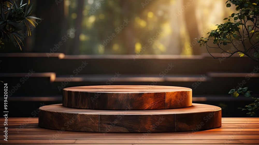 3d wood podium product stand or display with cinematic light and cinematic background, front view 3d wood podium product stand or display with cinematic light and cinematic background, front view