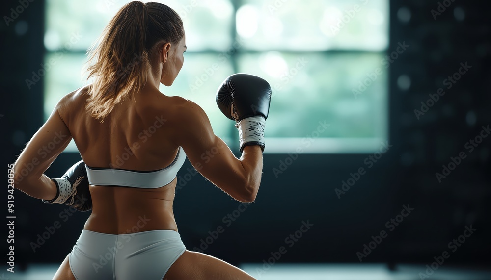 A determined female boxer training with focus and strength, showcasing athleticism in a dynamic indoor setting. A determined female boxer training with focus and strength, showcasing athleticism in a dynamic indoor setting.