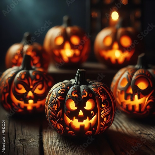 Intricate Pumpkin Carving | Candlelit Halloween Pumpkin | Rustic Halloween Decor | Spooky Pumpkin on Wooden Table | Autumnal Pumpkin Display | Halloween Pumpkin Decoration
Carved Pumpkin Stock Photo photo