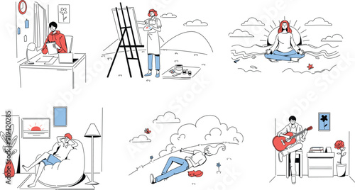 Minimalist Line Art Illustrations Mindfulness and Relaxation Activities in Daily Life Scenes