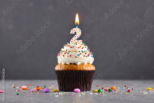 2nd birthday cupcake with whipped cream, sprinkles, candles, and number 2, isolated on dark background