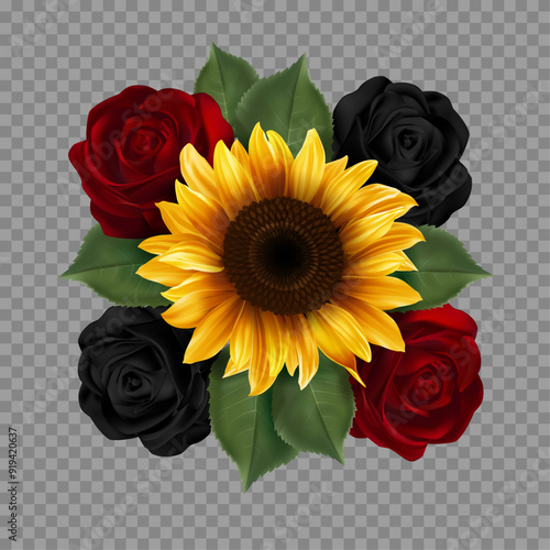 The floral composition with sunflower and gothic roses. Beautiful festive bouquet for a holiday design. Summer gothic decor.