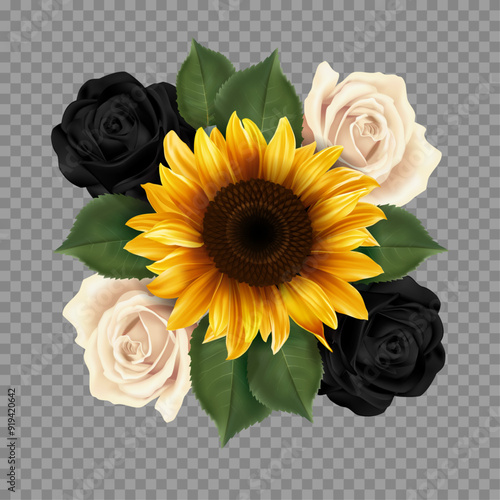 The holiday bouquet of white and black roses with sunflower. Festive floral decor for a design. Beautiful and gothic vector flowers.