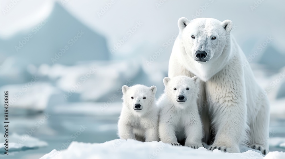 Polar bear mother with two cubs standing on ice in Arctic landscape. Family of bears in icy wilderness. Polar bear mother with two cubs standing on ice in Arctic landscape. Family of bears in icy wilderness.