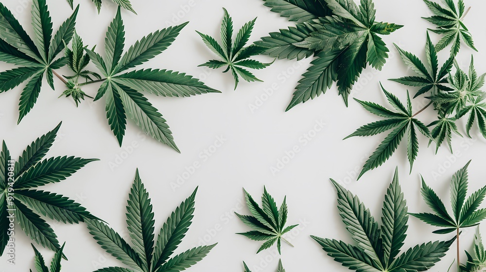Marijuana leaves on a white background, close up top view on cannabis leaves and branches on white background for alternative medical and marketing design concept Marijuana leaves on a white background, close up top view on cannabis leaves and branches on white background for alternative medical and marketing design concept