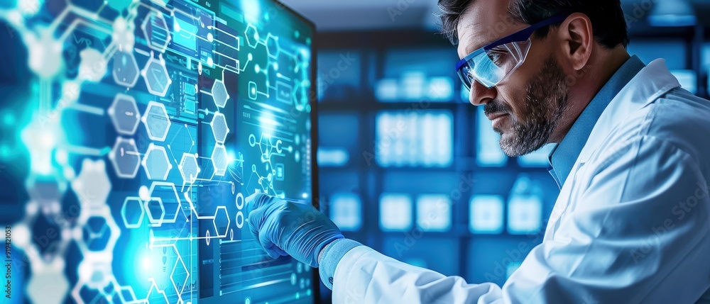 Scientist analyzing data on futuristic screen in modern lab. Concept of innovation, research, and technology. Scientist analyzing data on futuristic screen in modern lab. Concept of innovation, research, and technology.