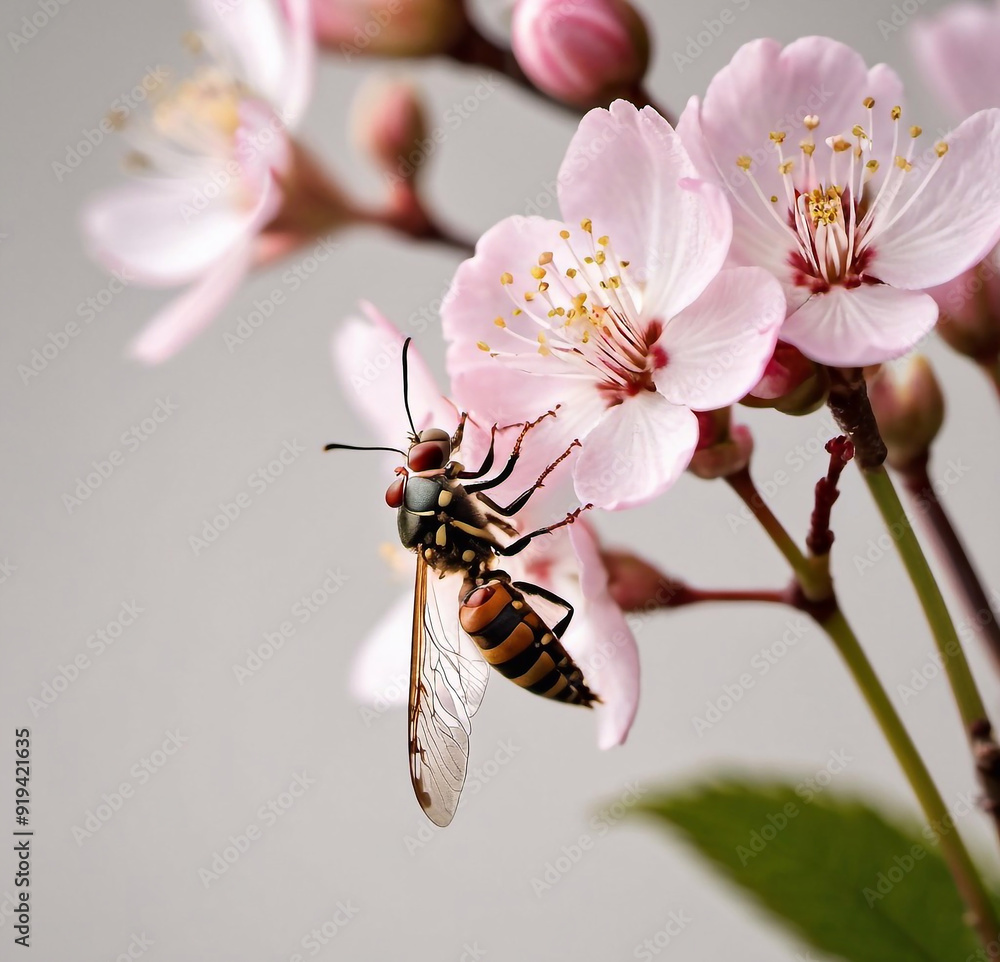 On a pure white background, a bright pale pink cherry blossom is depicted with a beautiful insect, bold and expressive lines and fine shading, creating a feeling of whimsy and tenderness. elegance. On a pure white background, a bright pale pink cherry blossom is depicted with a beautiful insect, bold and expressive lines and fine shading, creating a feeling of whimsy and tenderness. elegance.