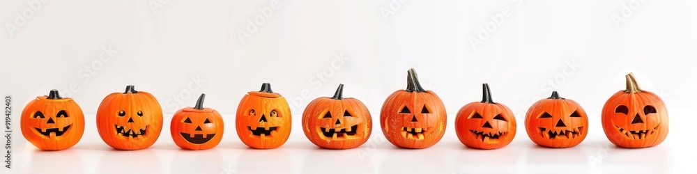 Row of Isolated Pumpkins: Bright White Background for Creative Fall Designs Row of Isolated Pumpkins: Bright White Background for Creative Fall Designs
