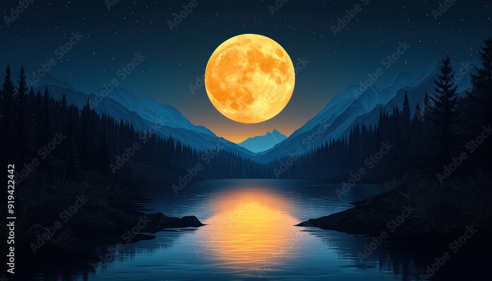 Fototapeta premium A serene landscape at night with a glowing full moon reflecting on a calm lake surrounded by mountains and pine trees.