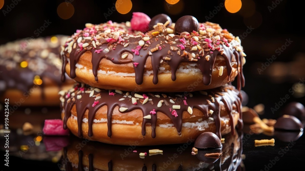 Closeup sweet donuts filled with melted chocolate and sprinkles with a blurred background Closeup sweet donuts filled with melted chocolate and sprinkles with a blurred background