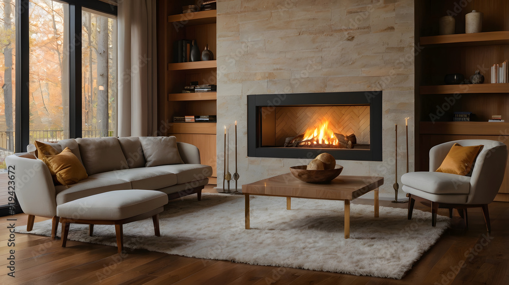 Fototapeta premium living room with fireplace, ai generated