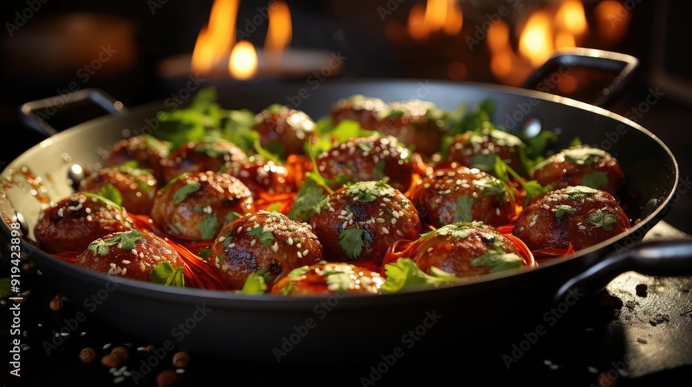 meatballs with melted tomato sauce on a bowl with a black and blur background meatballs with melted tomato sauce on a bowl with a black and blur background