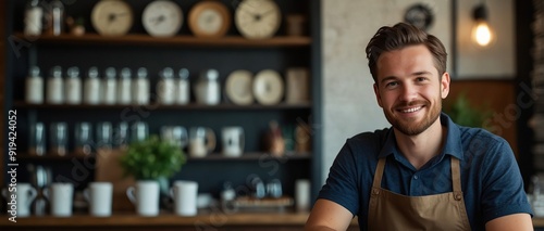  Man in small business, working in his own bistro. Young male business owner