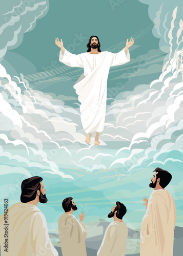 An illustration of the ascension of Jesus Christ. Vector illustration. Biblical Series