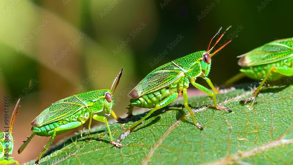 Green grasshoppers lined up on a green leaf.
Concept: biology and insect research, environmental projects Green grasshoppers lined up on a green leaf.
Concept: biology and insect research, environmental projects