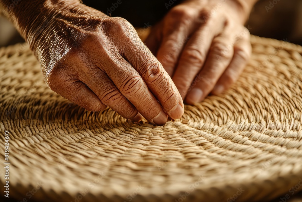 Fototapeta premium Traditional artisan crafting rattan basket, hands in action, detailed focus on weaving technique, warm rustic atmosphere