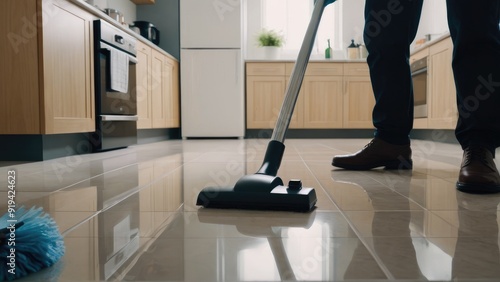 A team of cleaners performs a deep cleaning of an apartment, vacuuming and mopping floors to ensure a spotless living space