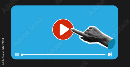 Halftone hand click play button player in trendy style . Fingers touch, click or tap.