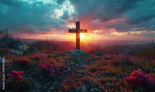 cross of jesus easter resurrection concept christian wooden cross on a background with dramatic lighting colorful mountain sunset dark clouds,sky sunbeams.