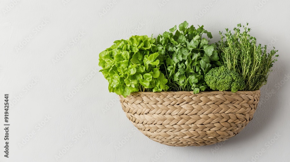 Woven seaweed wall basket with vibrant kitchen herbs, showcasing a sustainable storage solution that enhances the aesthetic of contemporary kitchen interiors Woven seaweed wall basket with vibrant kitchen herbs, showcasing a sustainable storage solution that enhances the aesthetic of contemporary kitchen interiors