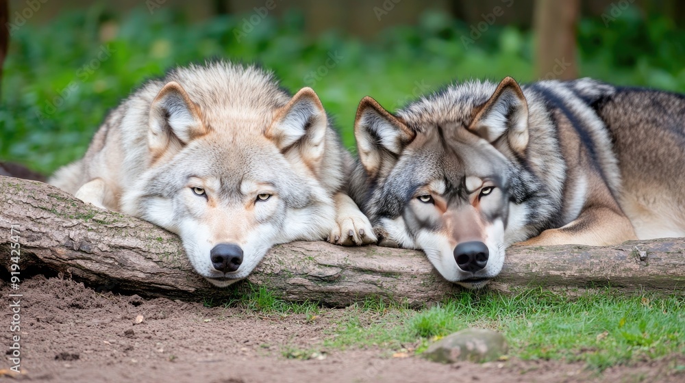 Fototapeta premium A gray-furred wolf with a white belly gazes at the camera while lying near a tree trunk, accompanied by another wolf, both enjoying their serene habitat