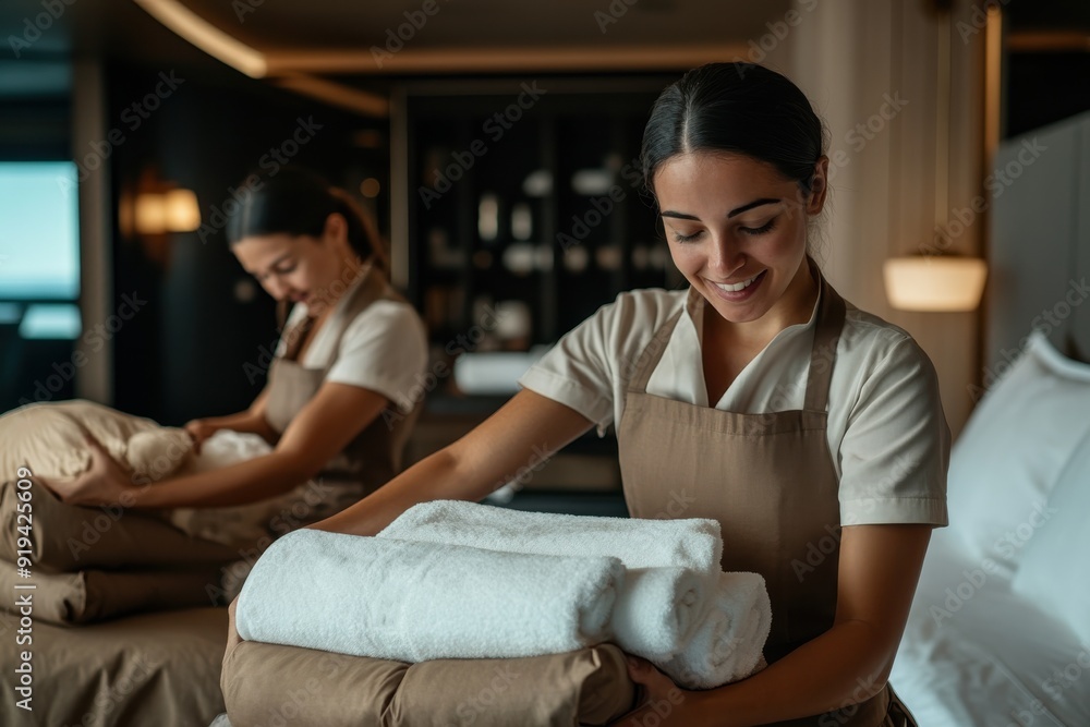 Two hotel maids are attentively folding white towels and linens on a bed, ensuring everything is perfectly neat and ready for the next guest in a stylish hotel room. Two hotel maids are attentively folding white towels and linens on a bed, ensuring everything is perfectly neat and ready for the next guest in a stylish hotel room.