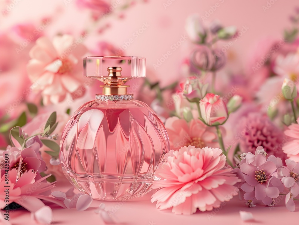 A woman's perfume in a pink bottle, surrounded by pink flowers. The scent is light and floral with a sense of springtime freshness. A woman's perfume in a pink bottle, surrounded by pink flowers. The scent is light and floral with a sense of springtime freshness.