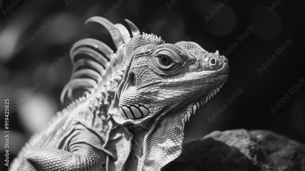 Fototapeta premium Natural habitat setting with close-up view on lizard's face and scales.