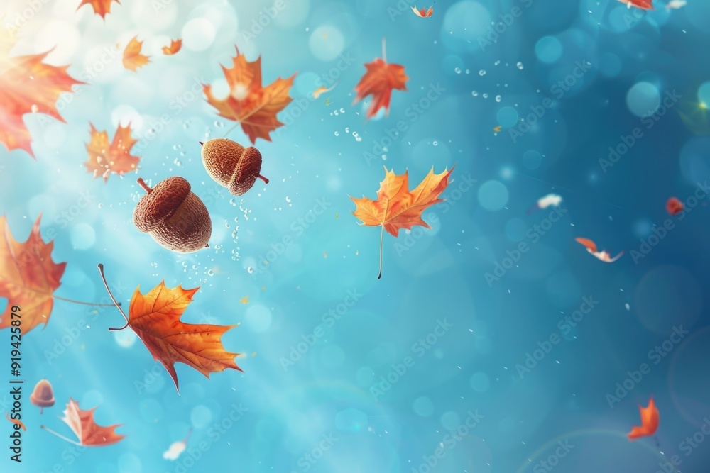 Acorns and autumn leaves on a light blue background, showcasing fall's vivid colors and textures. ai Acorns and autumn leaves on a light blue background, showcasing fall's vivid colors and textures. ai