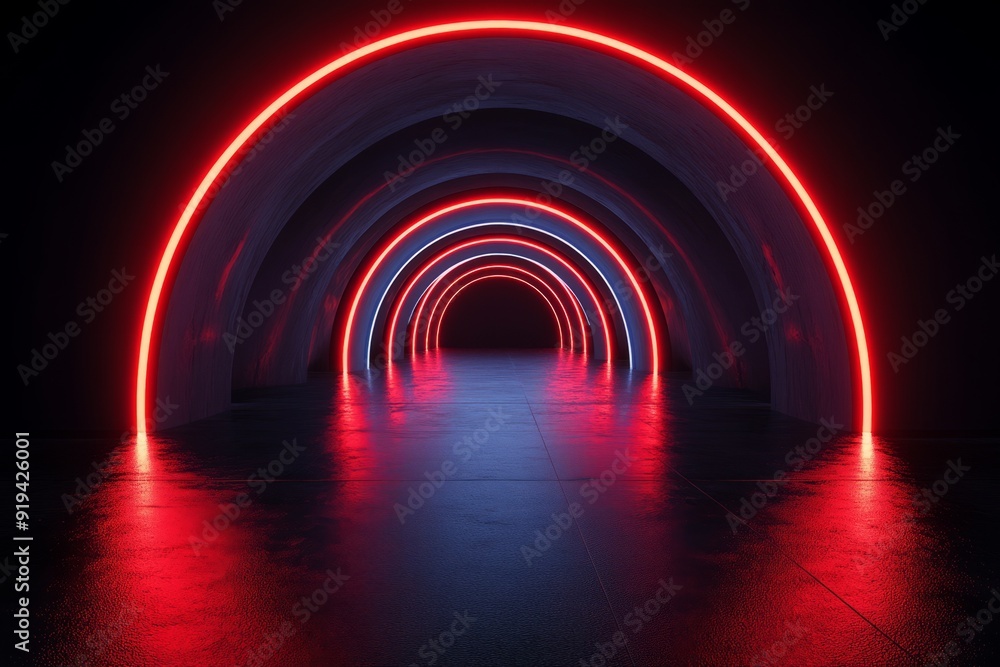 Metal circular arch with red light traces on dark background. Abstract technology background Metal circular arch with red light traces on dark background. Abstract technology background