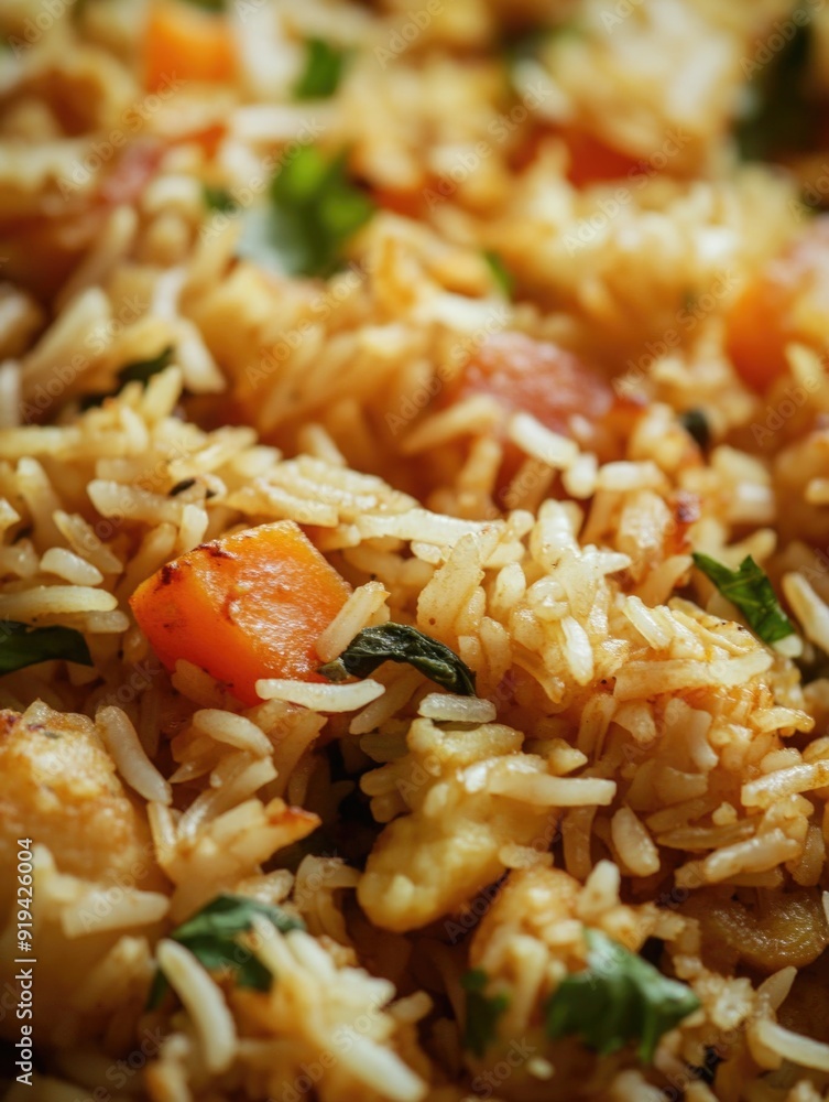A delicious chicken and rice dish with mixed vegetables, seasoned and served hot. A delicious chicken and rice dish with mixed vegetables, seasoned and served hot.