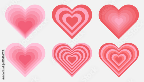 Set of abstract tunnel heart shape in trendy 70s, 80s style.. Design elements on isolated background.