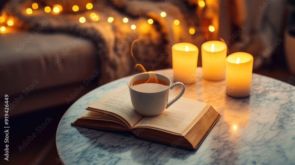 Cozy setting with candles lit, cup of tea or coffee on a book, suggesting relaxation and enjoyment of a peaceful moment. Cozy setting with candles lit, cup of tea or coffee on a book, suggesting relaxation and enjoyment of a peaceful moment.