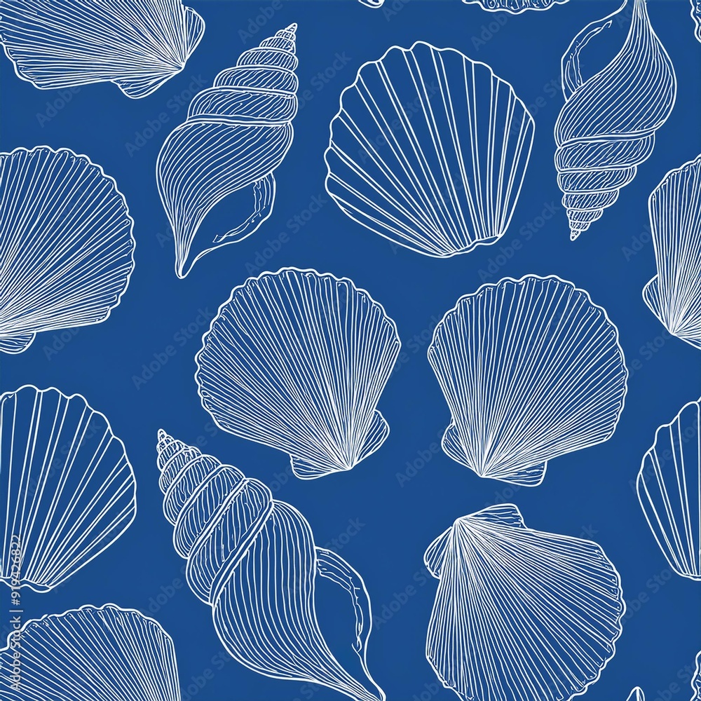 Underwater seamless pattern with seashells line art illustrations in white color on blue background. Scallop sketch, seashell line drawing. Summer ocean beach print for background,