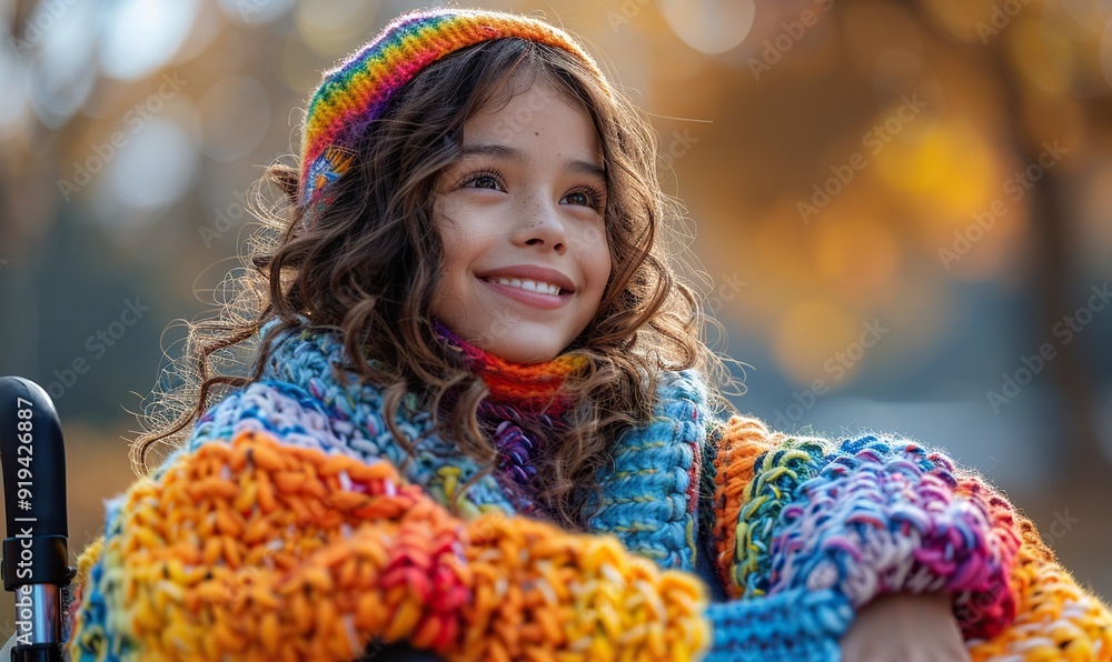 happy disabled young girl in wheelchair wearing rainbow pride fashionable jumper cardigan outfit outdoors in nature candid young teenager with disability at lgbtq gay pride parade copy space ai. happy disabled young girl in wheelchair wearing rainbow pride fashionable jumper cardigan outfit outdoors in nature candid young teenager with disability at lgbtq gay pride parade copy space ai.