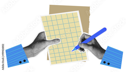 Halftone hand writes on blank paper note in trendy style. Dotted hand hold pen in vintage halftone style.