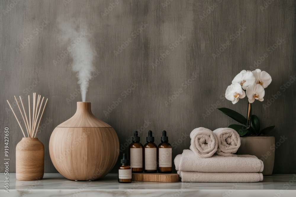 Obraz premium A stylish spa display includes a wooden aroma diffuser with steam, essential oil bottles, rolled towels, and elegant orchids, creating a tranquil atmosphere.
