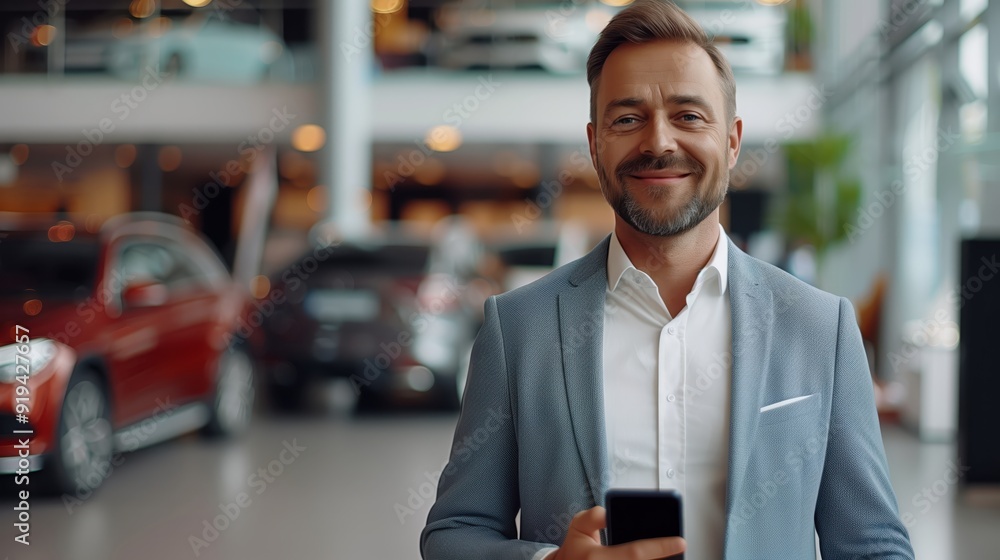 Fototapeta premium Professional Luxury Car Salesman in Luxury Showroom Holding Smartphone and Smiling