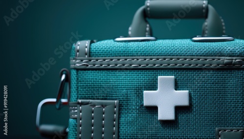 A close-up of a teal first aid kit with a white cross symbol, ideal for health and emergency themed imagery. photo