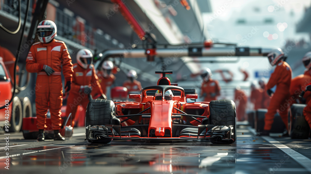 Obraz premium Professional Pit Crew Ready For Action During High-Stakes Formula One Race