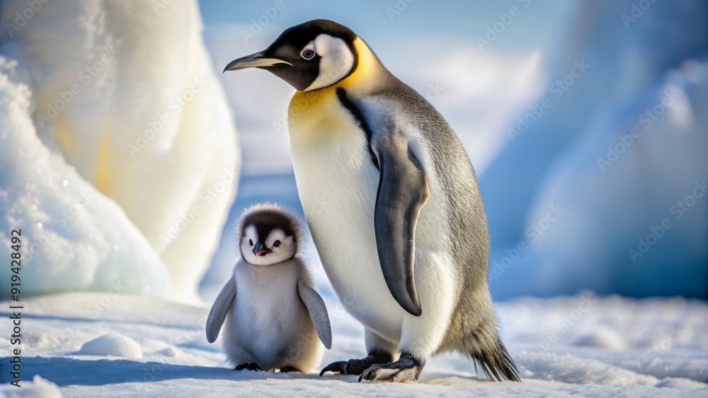 Obraz premium Adorable Emperor penguin chick perched on father's feet, surrounded by icy Antarctic landscape, showcasing unique black and white feathers and curious expression.