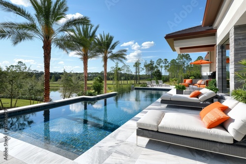 Elegant poolside lounge with orange accents, white marble flooring, polished concrete surfaces, and gazebo, overlooking lush palm trees and golf fairways in Florida.