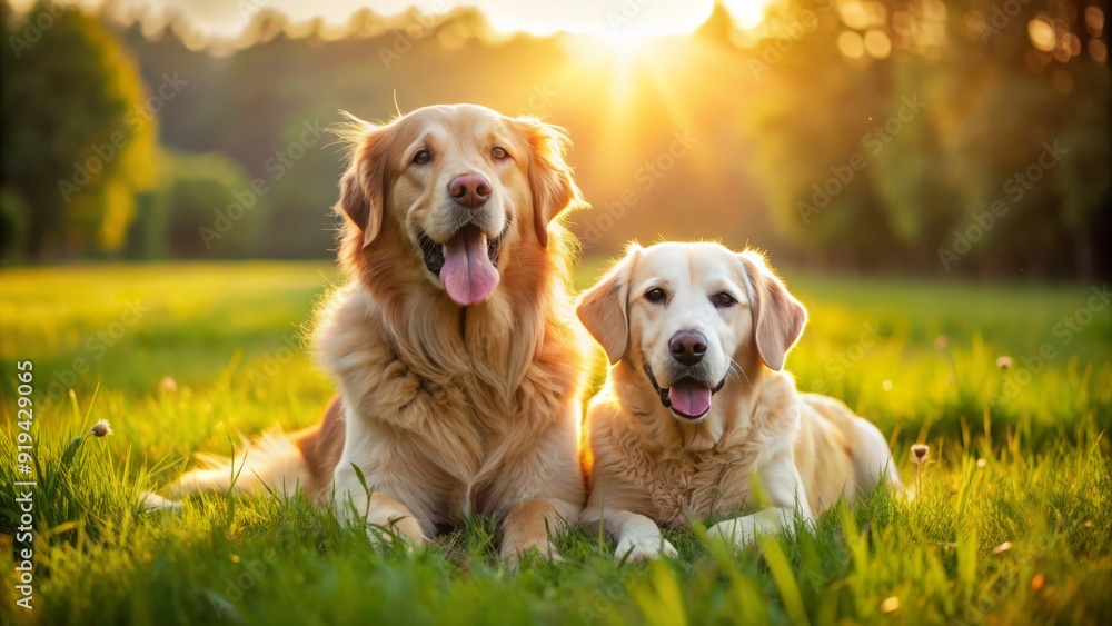 Adorable golden retriever cuddles up next to best buddy, a happy-go-lucky buddy enjoying outdoor adventure together in warm sunlight on a lush green meadow. Adorable golden retriever cuddles up next to best buddy, a happy-go-lucky buddy enjoying outdoor adventure together in warm sunlight on a lush green meadow.