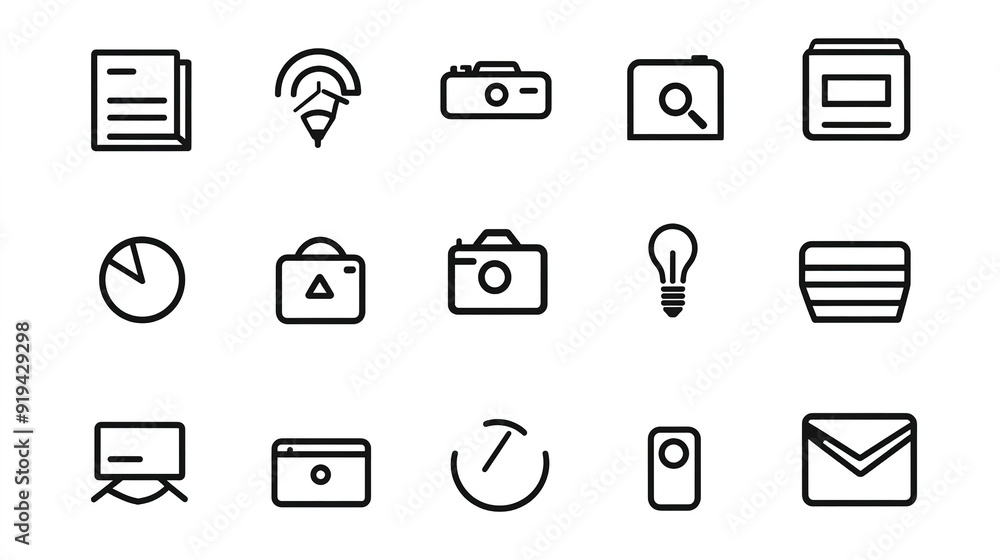 High-resolution set of line art icons with a minimalistic design, featuring black and white vector illustrations on a white background. Ideal for clean and modern visual presentations. High-resolution set of line art icons with a minimalistic design, featuring black and white vector illustrations on a white background. Ideal for clean and modern visual presentations.