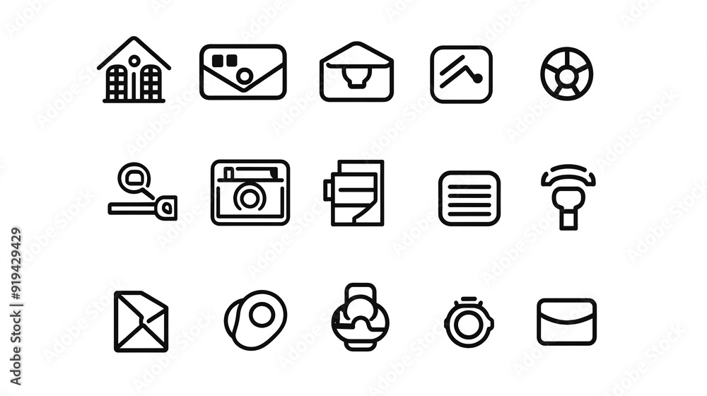 High-resolution set of line art icons with a minimalistic design, featuring black and white vector illustrations on a white background. Ideal for clean and modern visual presentations. High-resolution set of line art icons with a minimalistic design, featuring black and white vector illustrations on a white background. Ideal for clean and modern visual presentations.