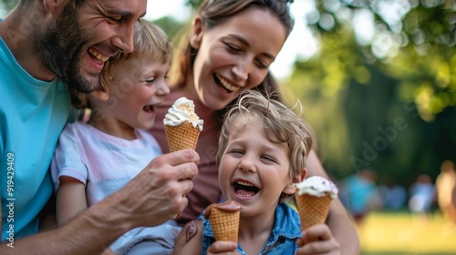 A happy family sharing laughs while eating ice cream cones in a park