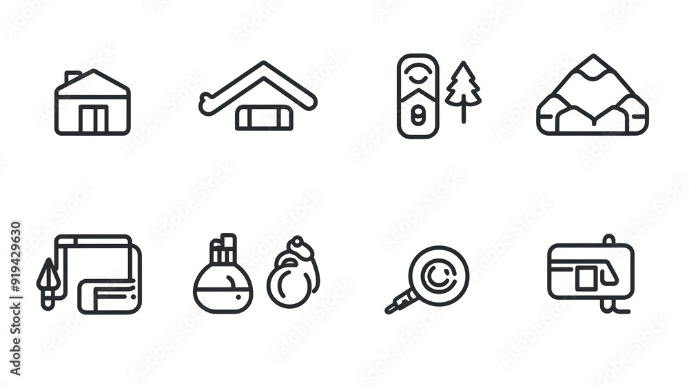 Fototapeta premium Elegant vector illustrations of icons in a simple line art style, using a black and white color scheme on a white background. This high-resolution set showcases minimalistic design and clear, modern a