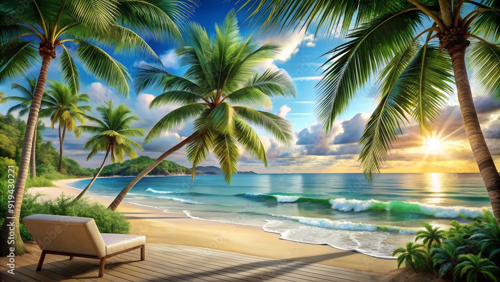 Fototapeta premium 3D Beach and Palm Trees Wallpaper Design for Photomural. Perfect for: Tropical Getaways, Beach Houses, Summer Events, Travel Destinations