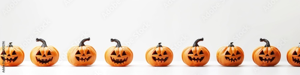 Halloween Carved Pumpkins: Row of Isolated Jack-o'-Lanterns on Bright White Halloween Carved Pumpkins: Row of Isolated Jack-o'-Lanterns on Bright White